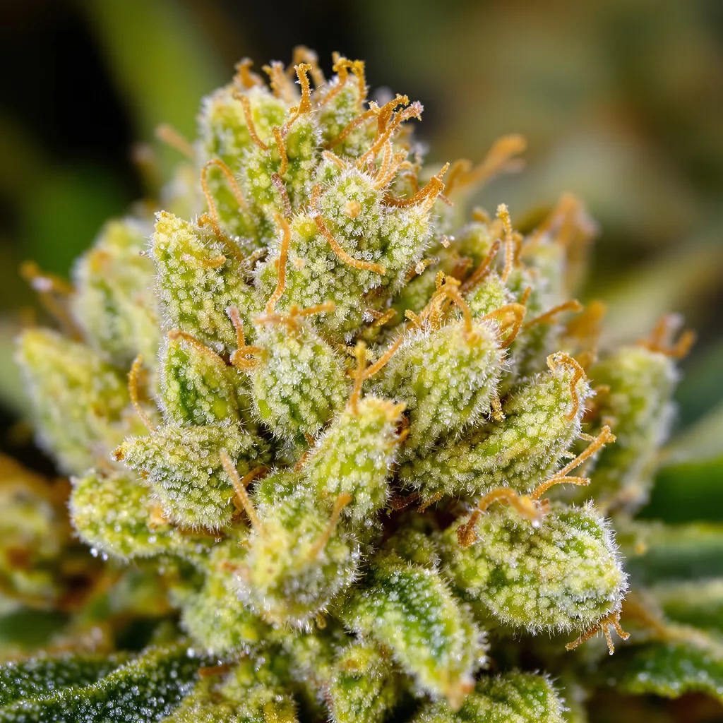 Pineapple Thai cannabis bud close-up showing lime-green airy structure