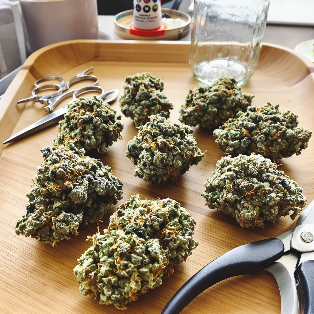 Pink Mango 48% indica / 52% sativa flower with visible trichomes