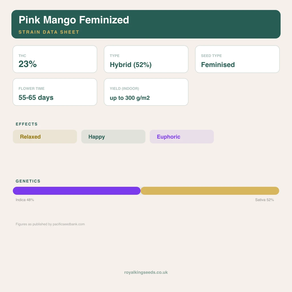 Pink Mango 48% indica / 52% sativa flower with visible trichomes