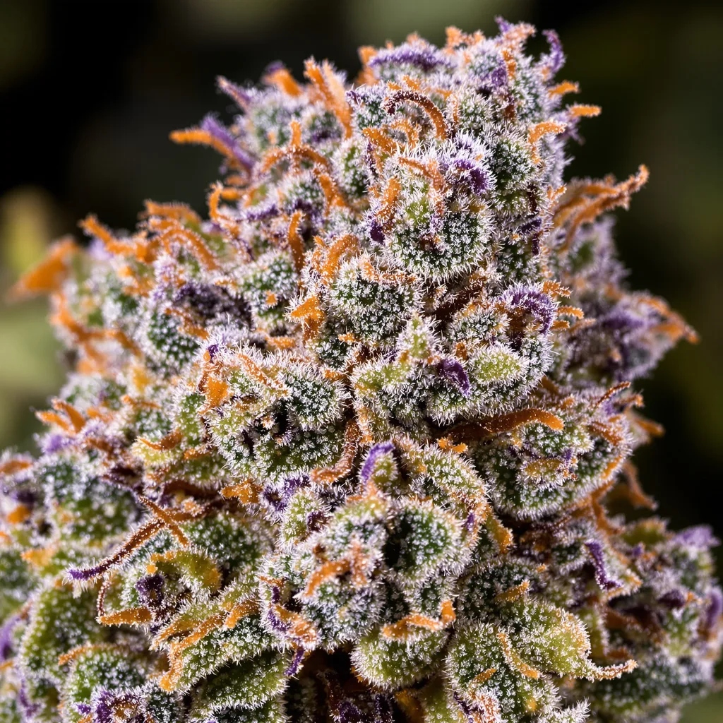 Pink Mango cannabis bud close-up showing balanced bud structure with frosted trichomes