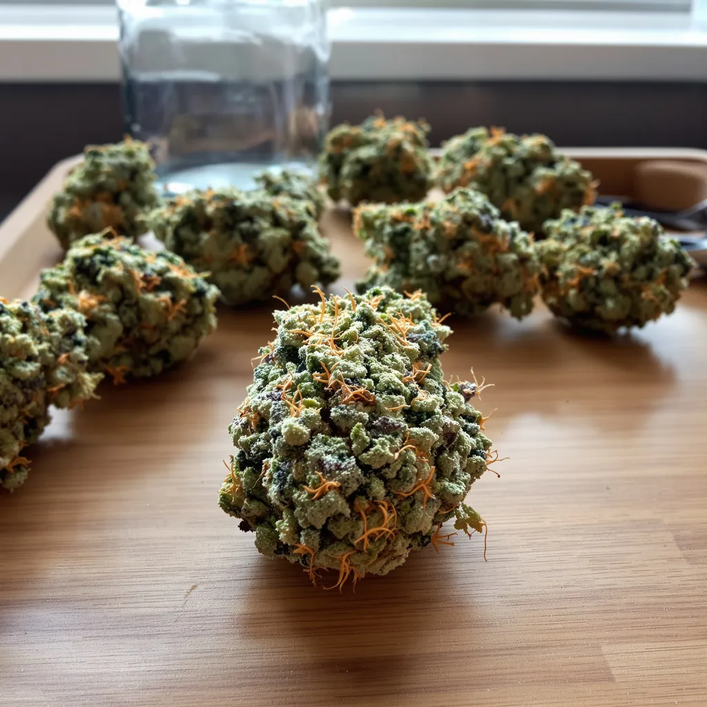 Pink Pez 63% indica / 37% sativa flower with visible trichomes