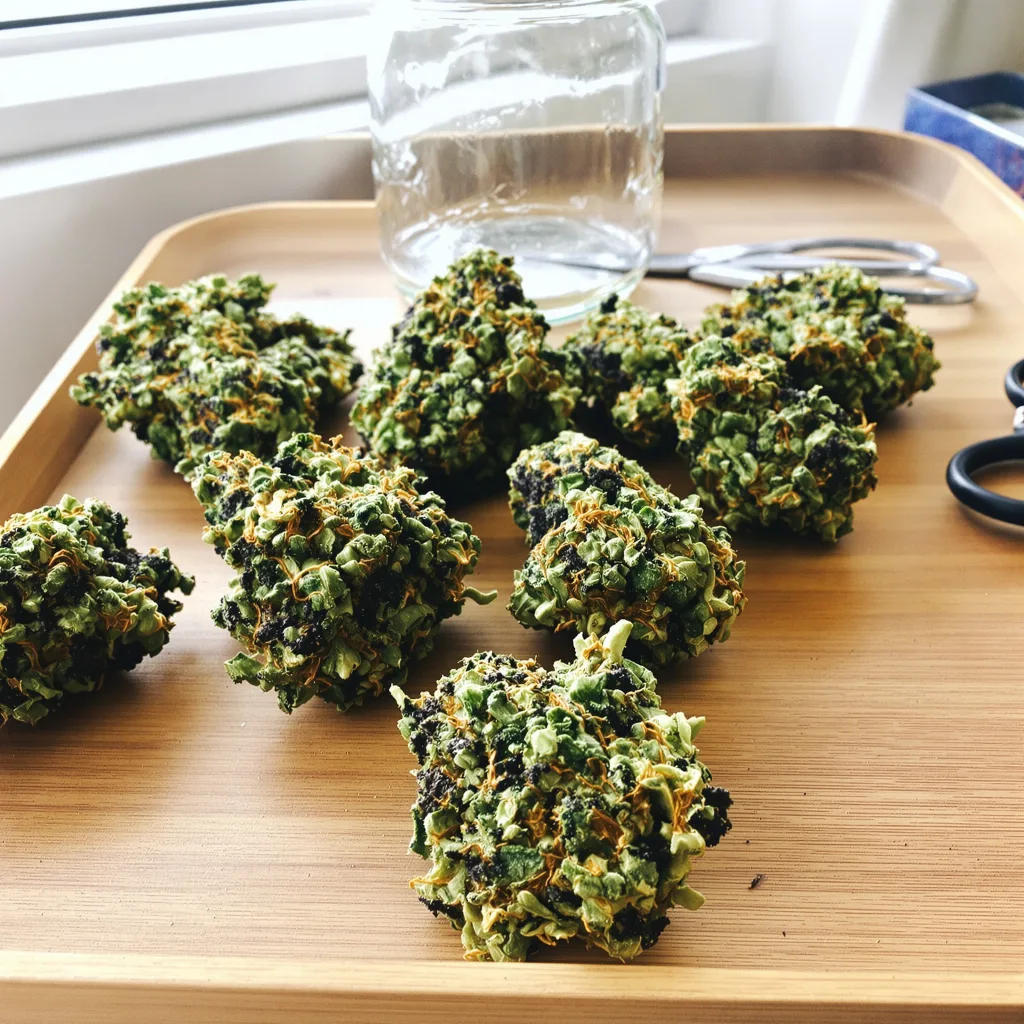 Platinum Bubba 74% indica / 26% sativa flower with visible trichomes