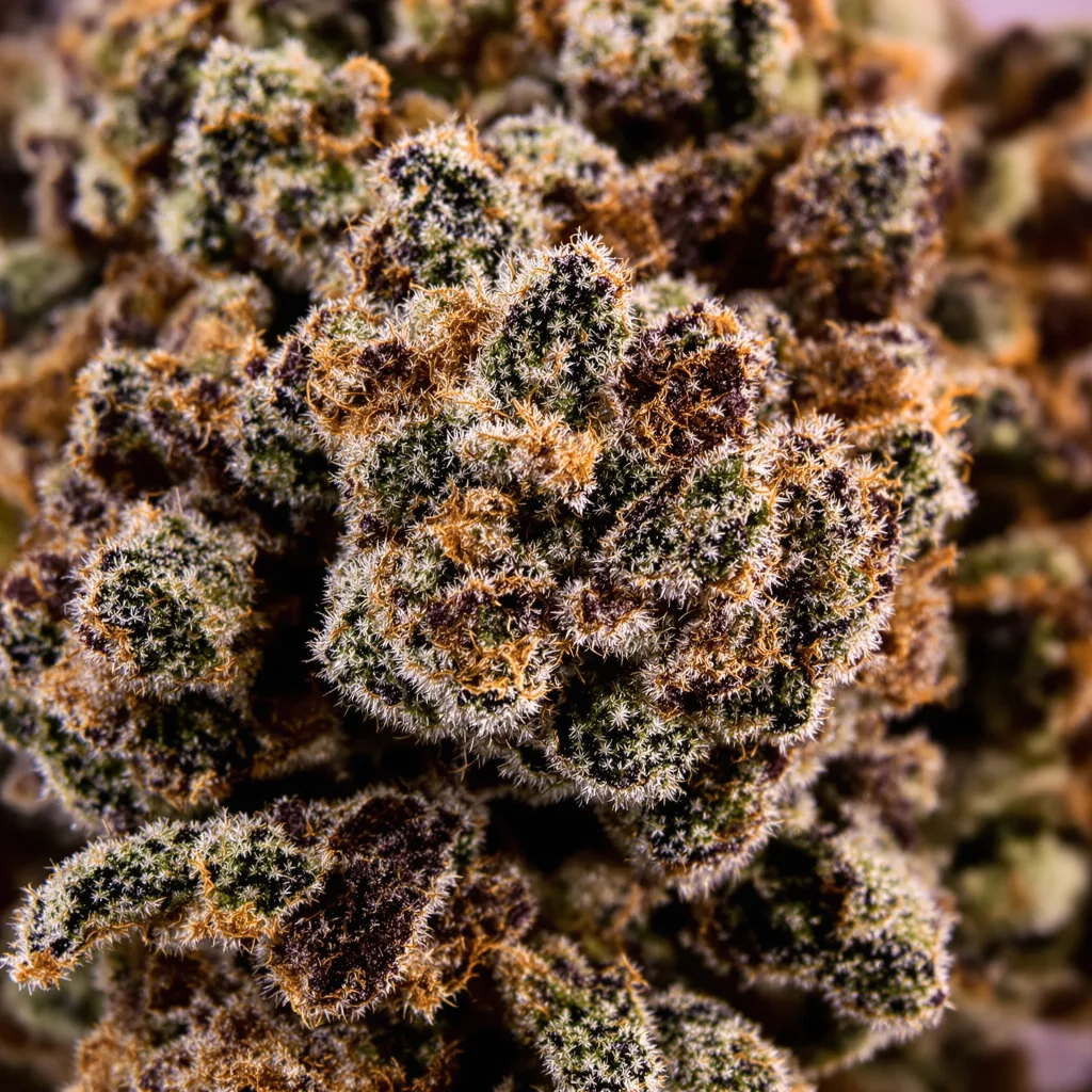 Platinum Bubba cannabis bud close-up showing dense purple-tinged calyxes