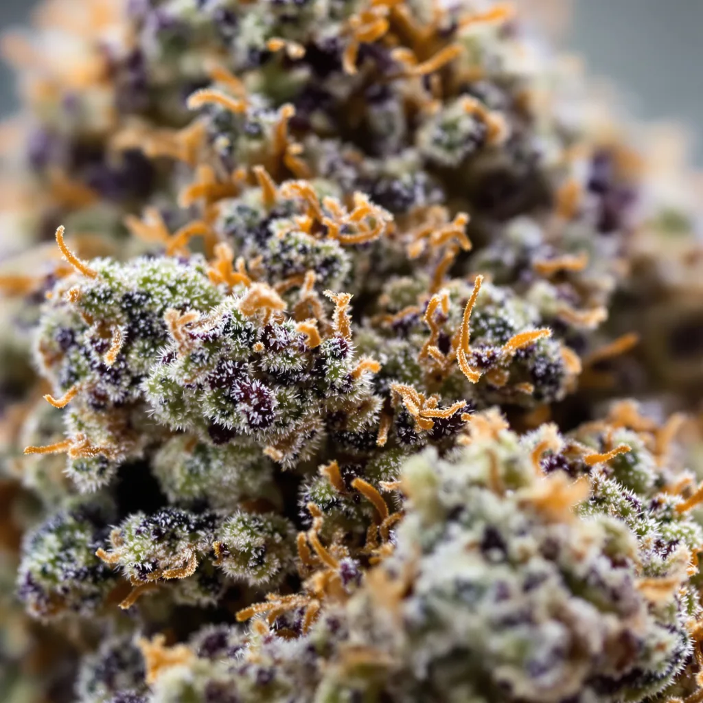 Platinum Bubba Kush cannabis bud close-up showing dense purple-tinged calyxes