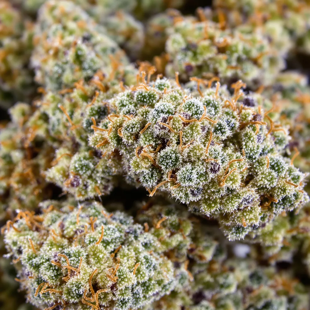 Platinum GSC cannabis bud close-up showing dense forest-green nugs