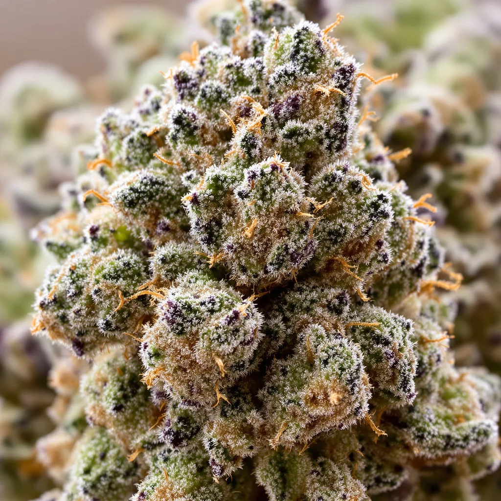 Platinum OG cannabis bud close-up showing dense forest-green nugs