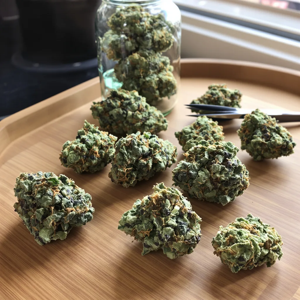 Plushberry 36% indica / 64% sativa flower with visible trichomes