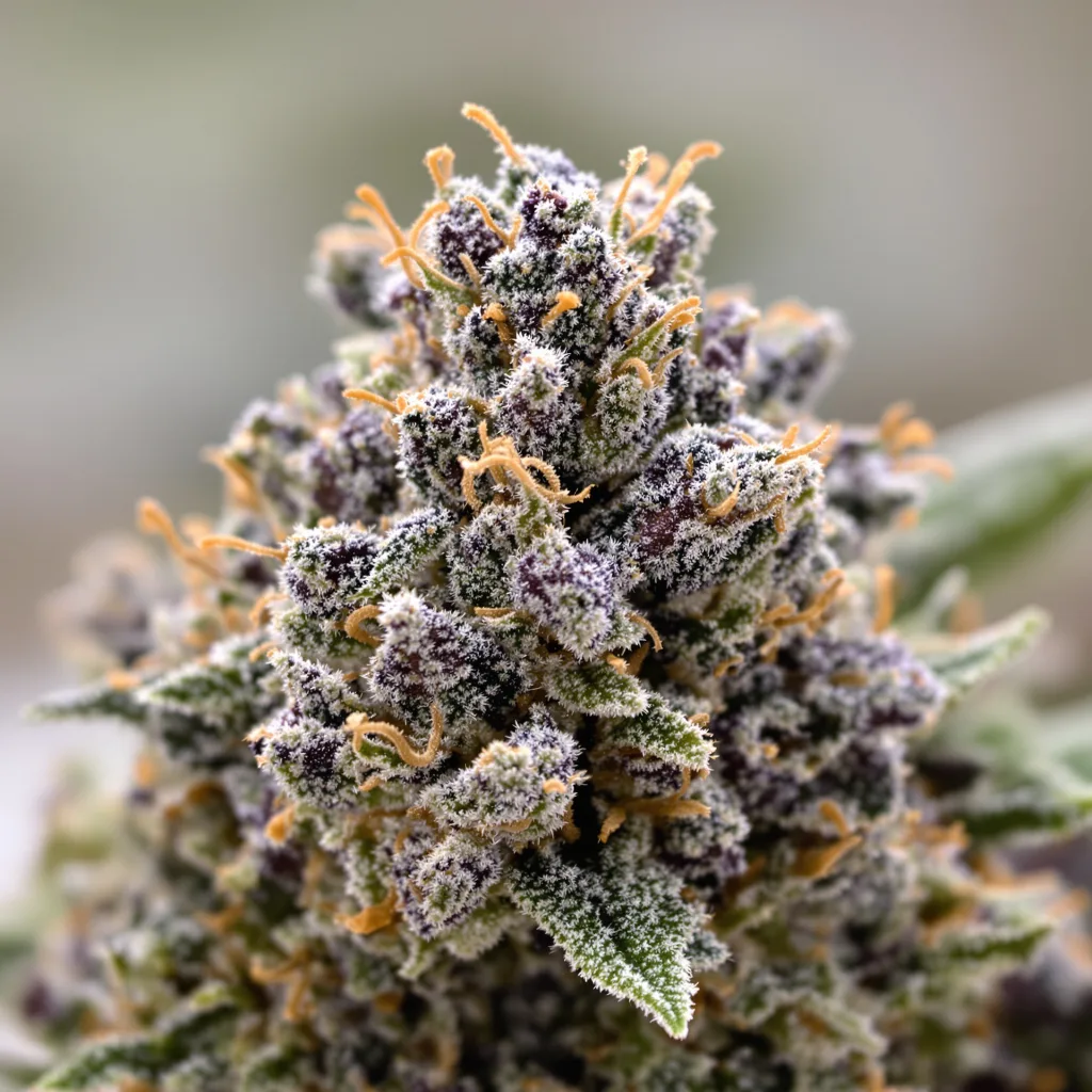 Pluto Kush cannabis bud close-up showing dense purple-tinged calyxes