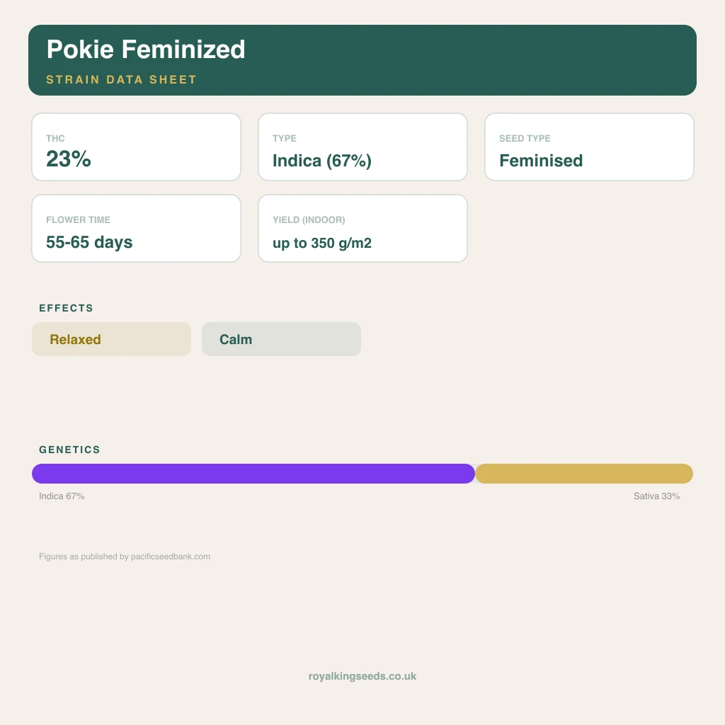 Pokie 67% indica / 33% sativa flower with visible trichomes