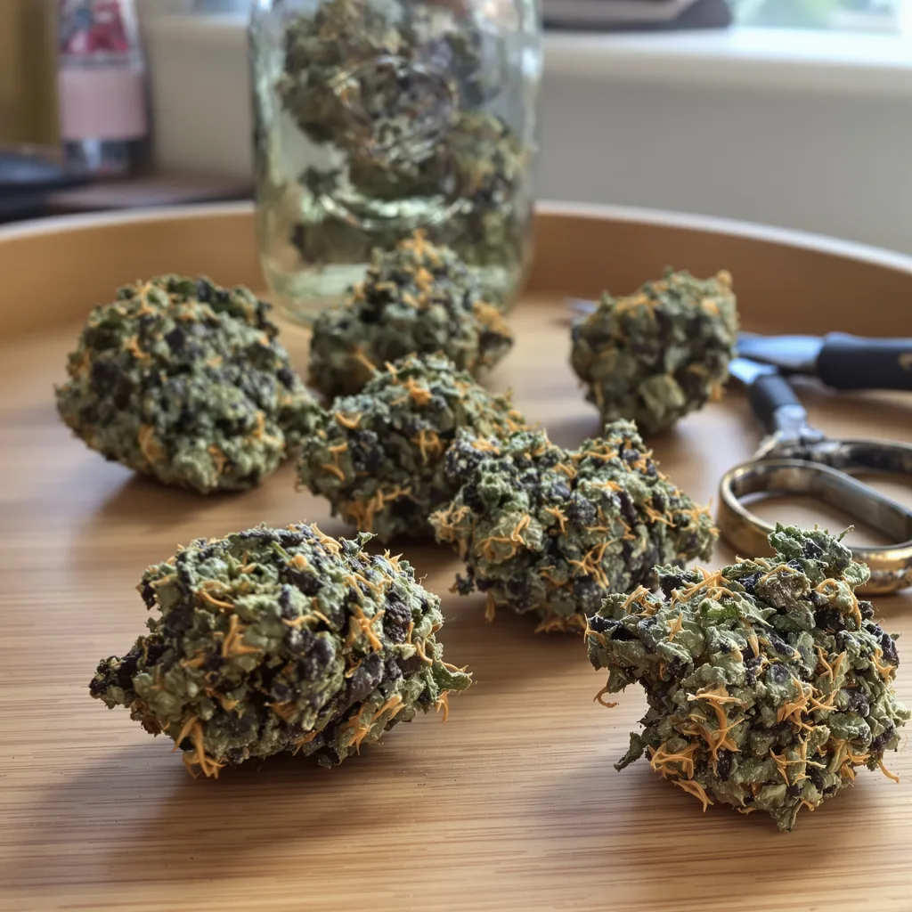 Popcorn Kush 67% indica / 33% sativa flower with visible trichomes