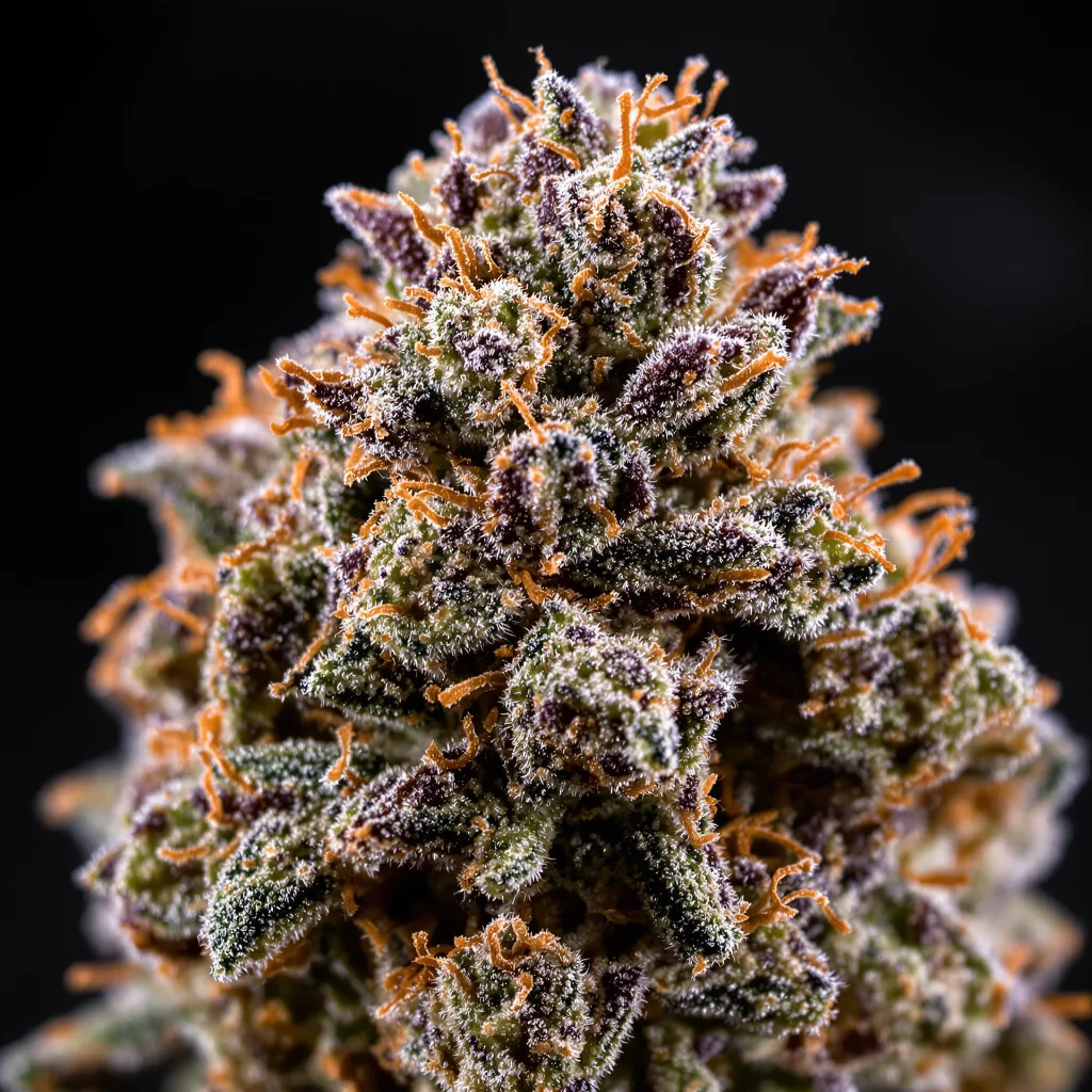 Popcorn Kush cannabis bud close-up showing dense purple-tinged calyxes