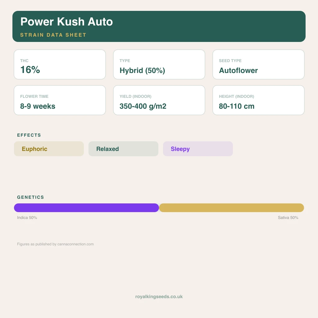 Power Kush 50% indica / 40% sativa flower with visible trichomes