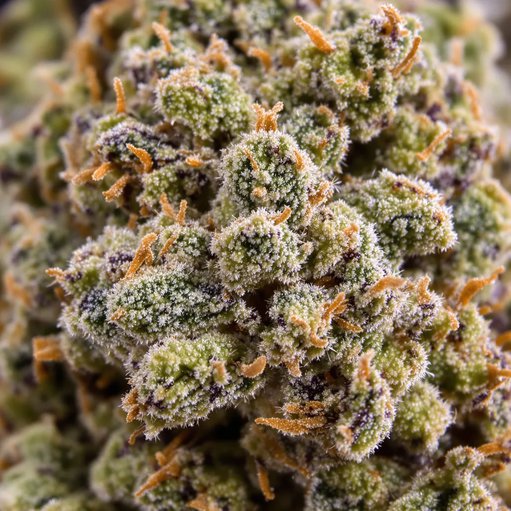 Power Kush cannabis bud close-up showing balanced bud structure with frosted trichomes