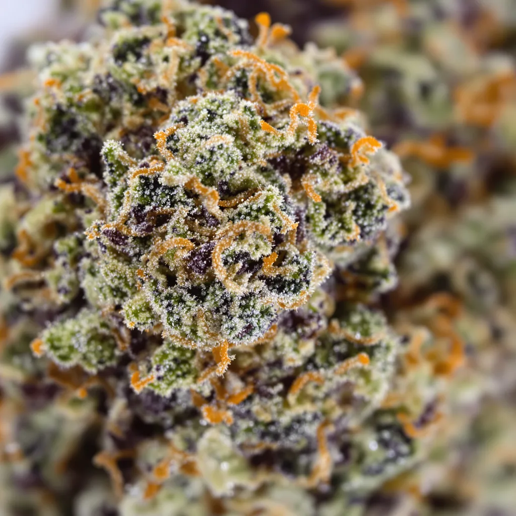 Pre-98 Bubba Kush cannabis bud close-up showing dense purple-tinged calyxes