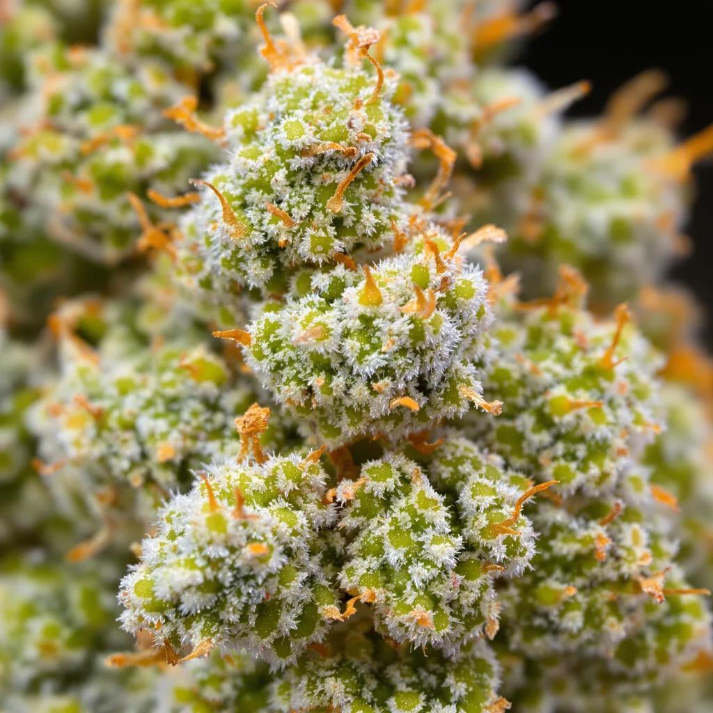 Project Blue Book cannabis bud close-up showing lime-green airy structure