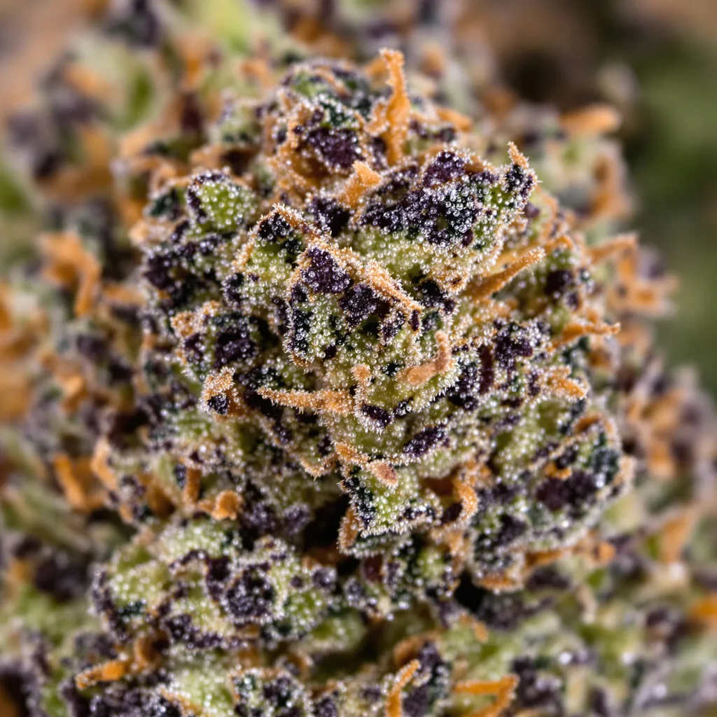 Puna Budder cannabis bud close-up showing dense purple-tinged calyxes