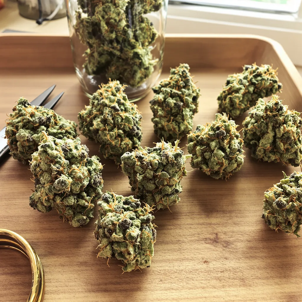 Pure Love 42% indica / 58% sativa flower with visible trichomes