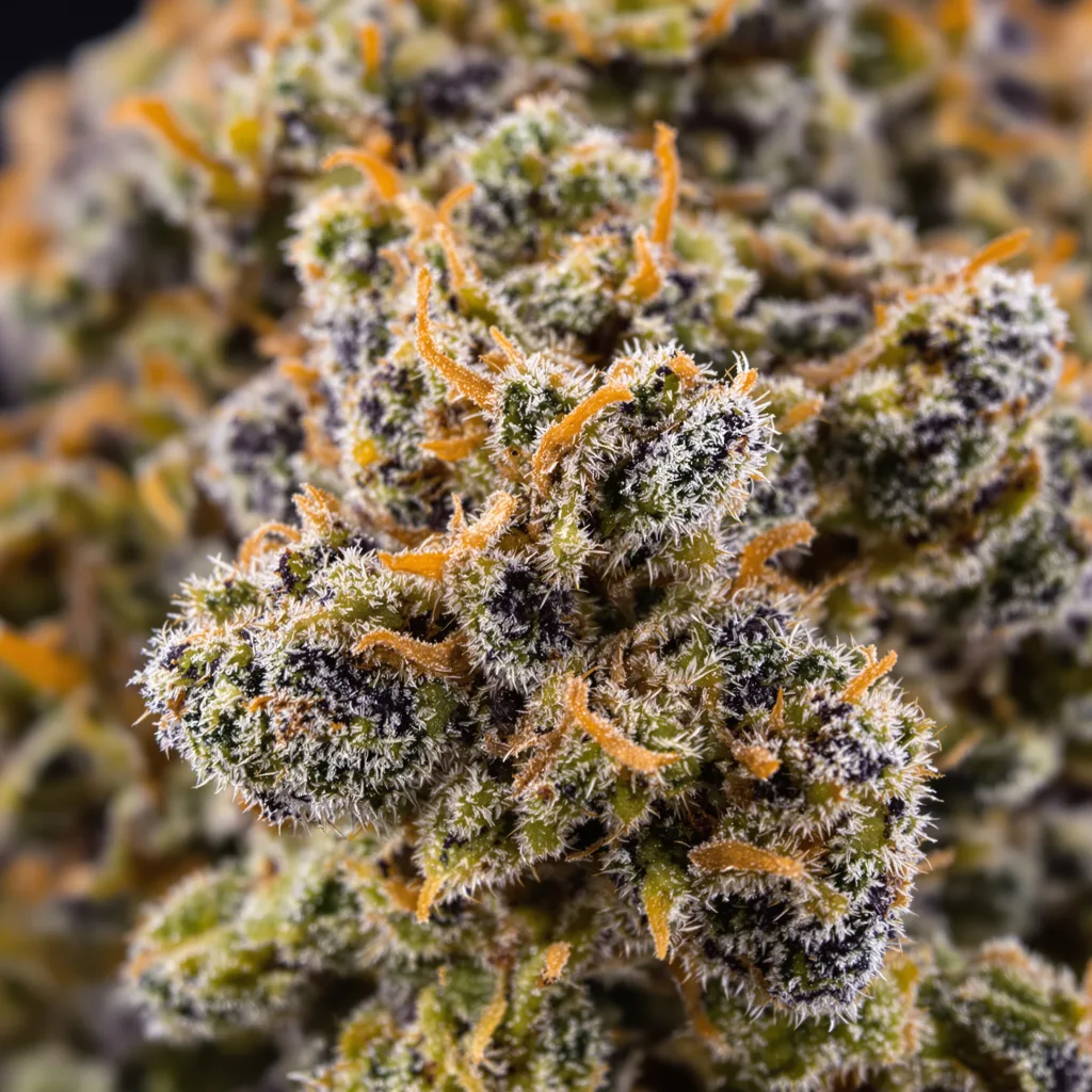 Pure OG cannabis bud close-up showing dense purple-tinged calyxes