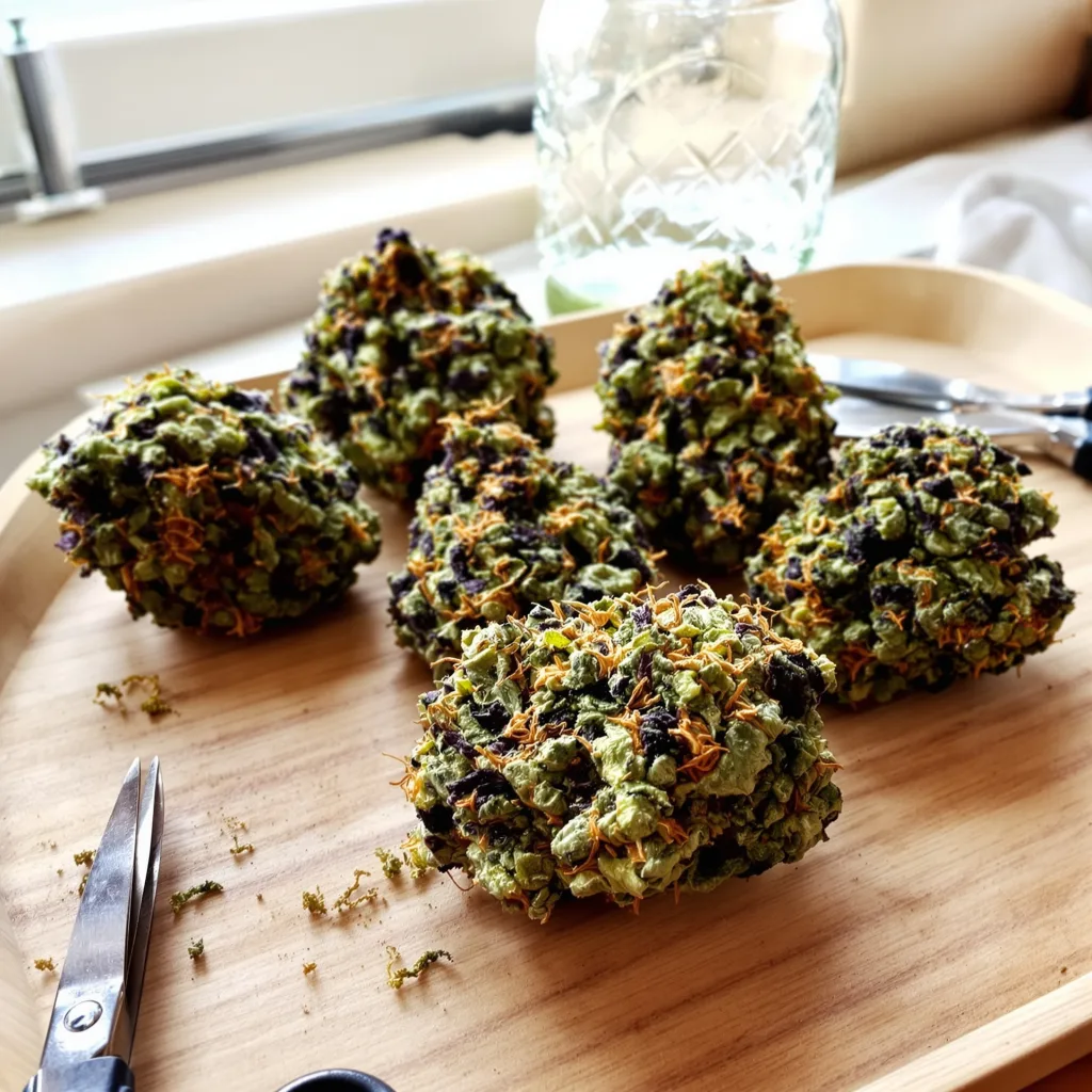 Purple Afghani 84% indica / 16% sativa flower with visible trichomes