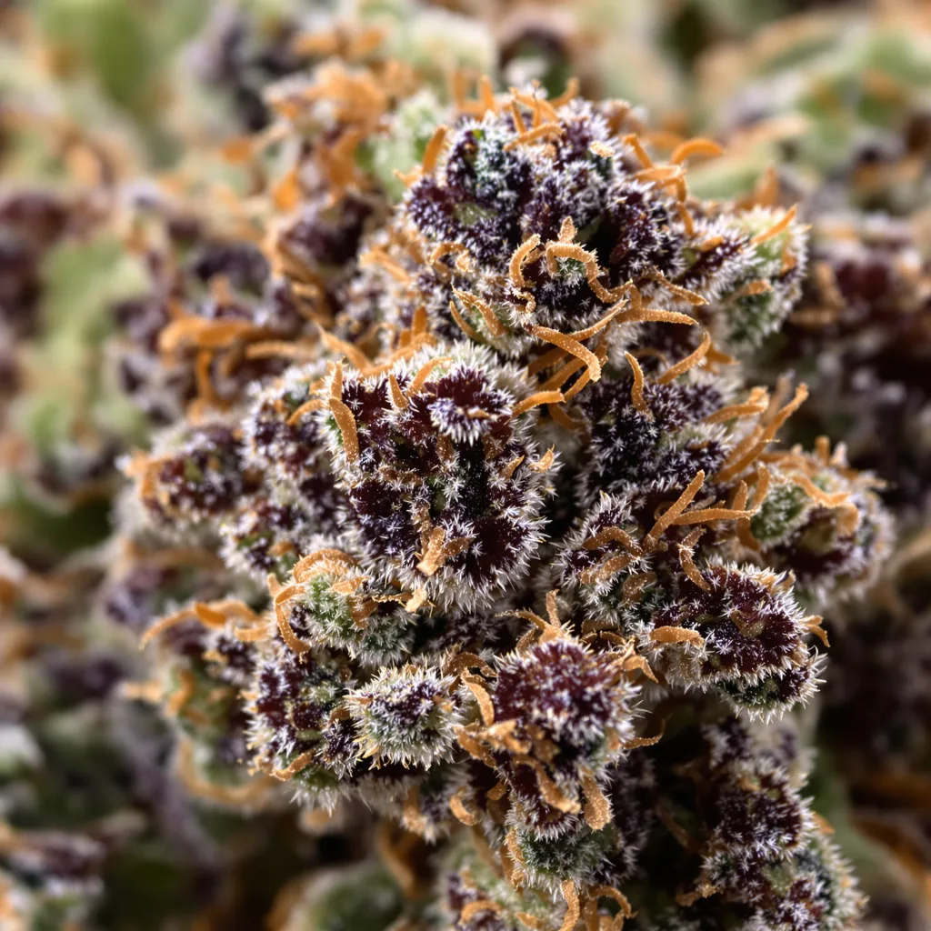 Purple Afghani cannabis bud close-up showing dense purple-tinged calyxes