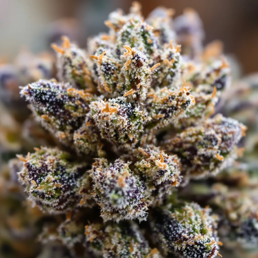 Purple Alien OG cannabis bud close-up showing dense purple-tinged calyxes