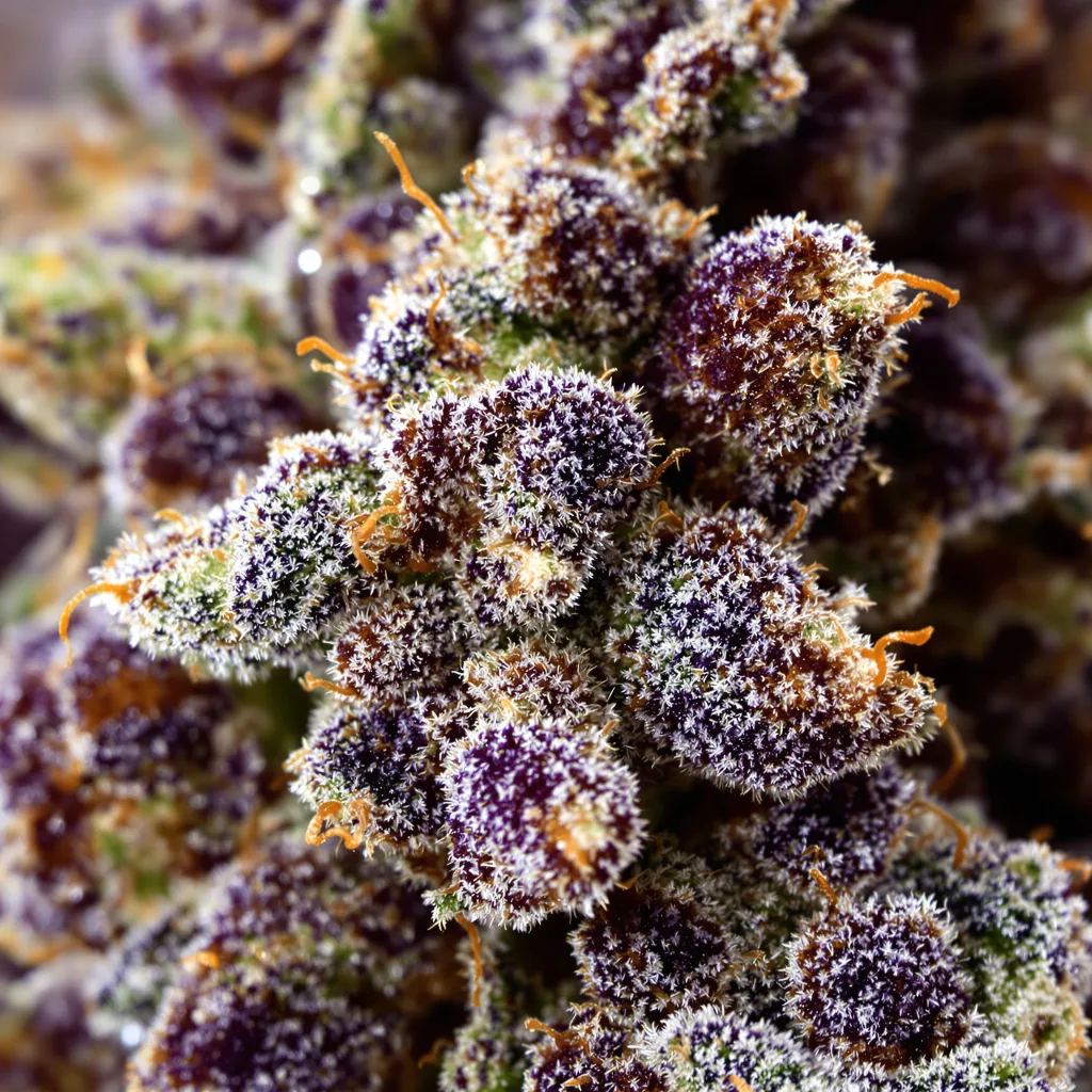 Purple Alien OG cannabis bud close-up showing dense purple-tinged calyxes