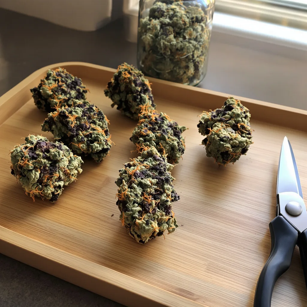 Purple Arrow 79% indica / 21% sativa flower with visible trichomes