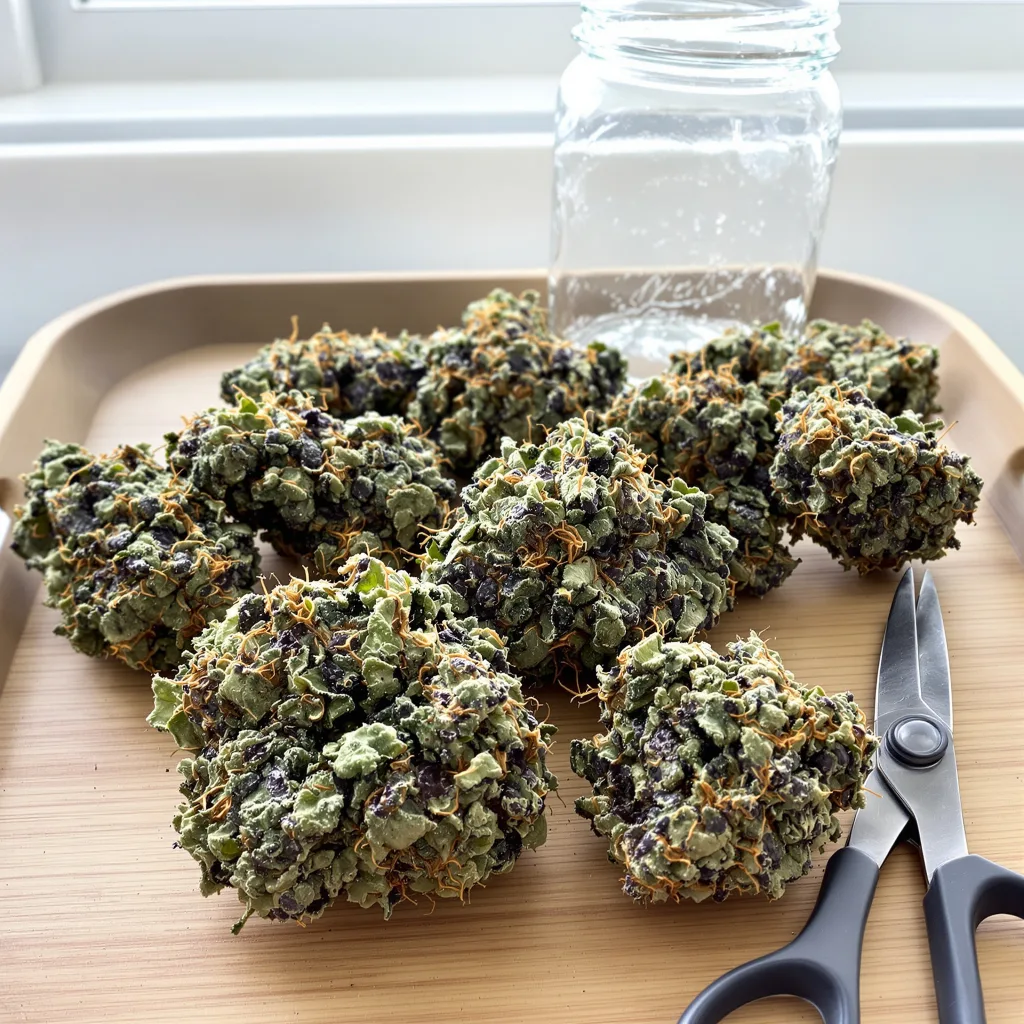 Purple Berry 76% indica / 24% sativa flower with visible trichomes