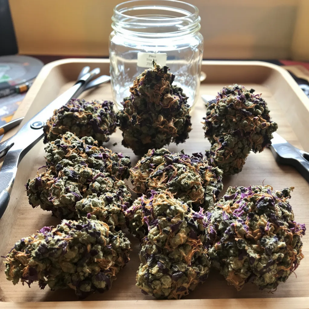 Purple Candy 77% indica / 23% sativa flower with visible trichomes
