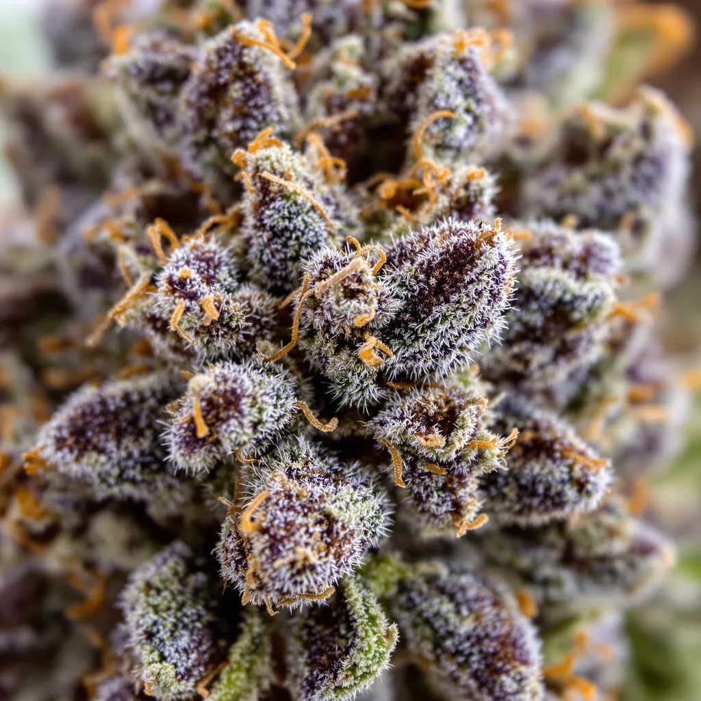 Purple Candy cannabis bud close-up showing dense purple-tinged calyxes