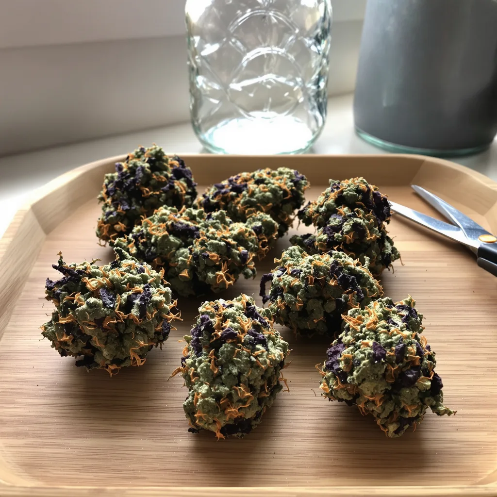 Purple Dragon 66% indica / 34% sativa flower with visible trichomes