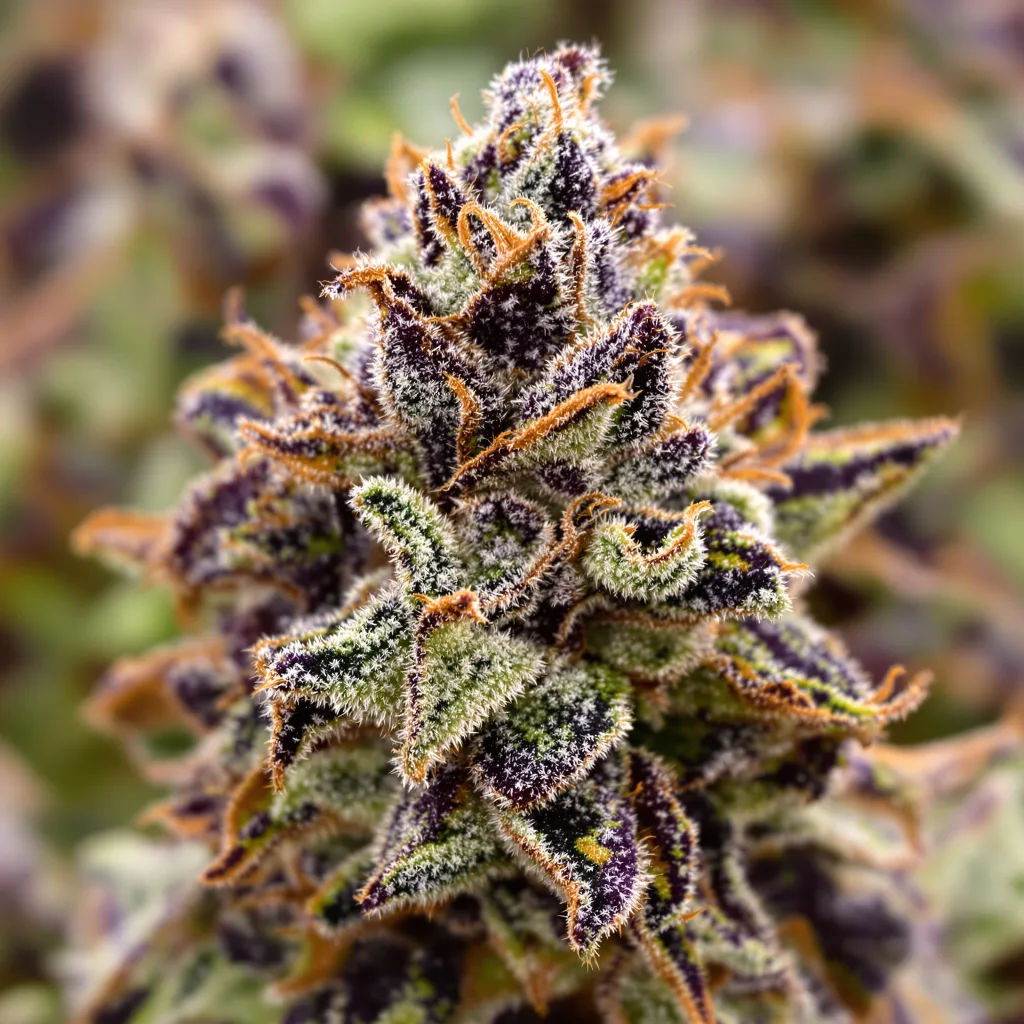 Purple Dragon cannabis bud close-up showing dense purple-tinged calyxes