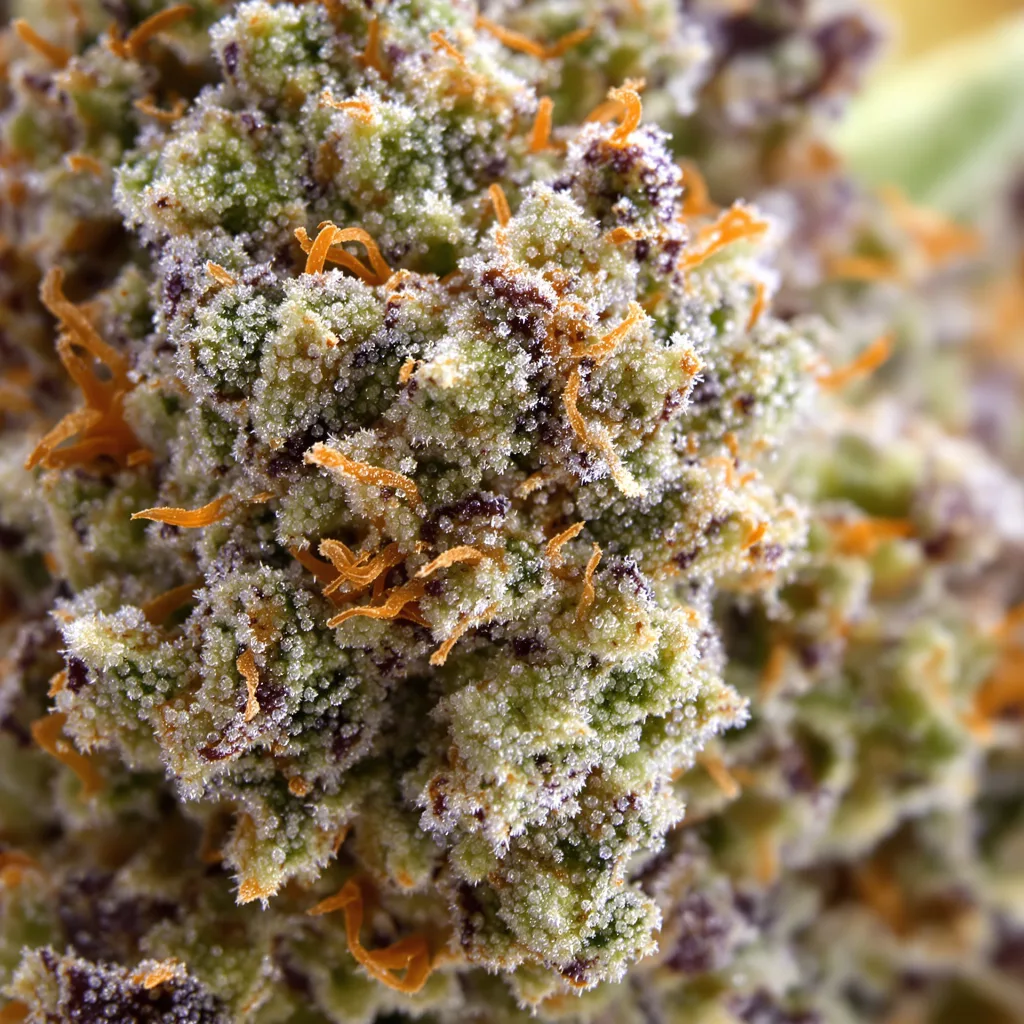 Purple Dream cannabis bud close-up showing balanced bud structure with frosted trichomes