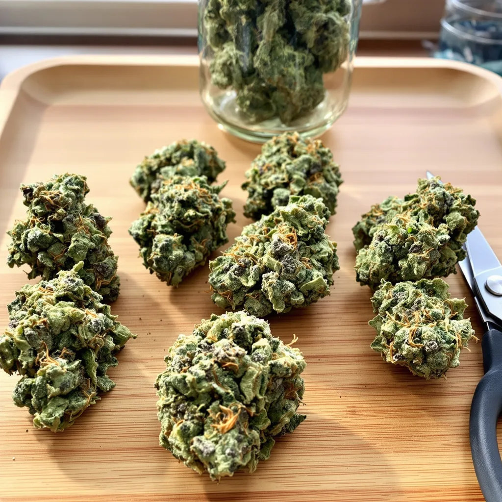 Purple Gorilla 46% indica / 54% sativa flower with visible trichomes