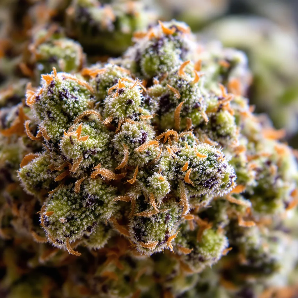 Purple Gorilla cannabis bud close-up showing balanced bud structure with frosted trichomes