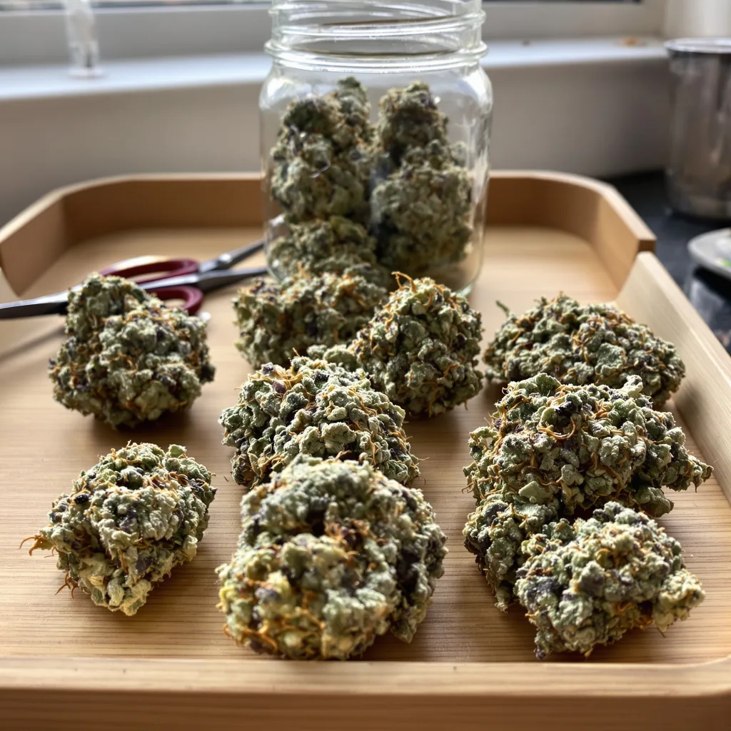 Purple Gorilla 46% indica / 54% sativa flower with visible trichomes