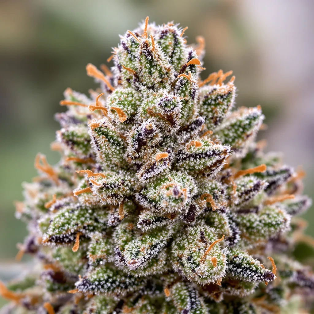 Purple Gorilla cannabis bud close-up showing balanced bud structure with frosted trichomes