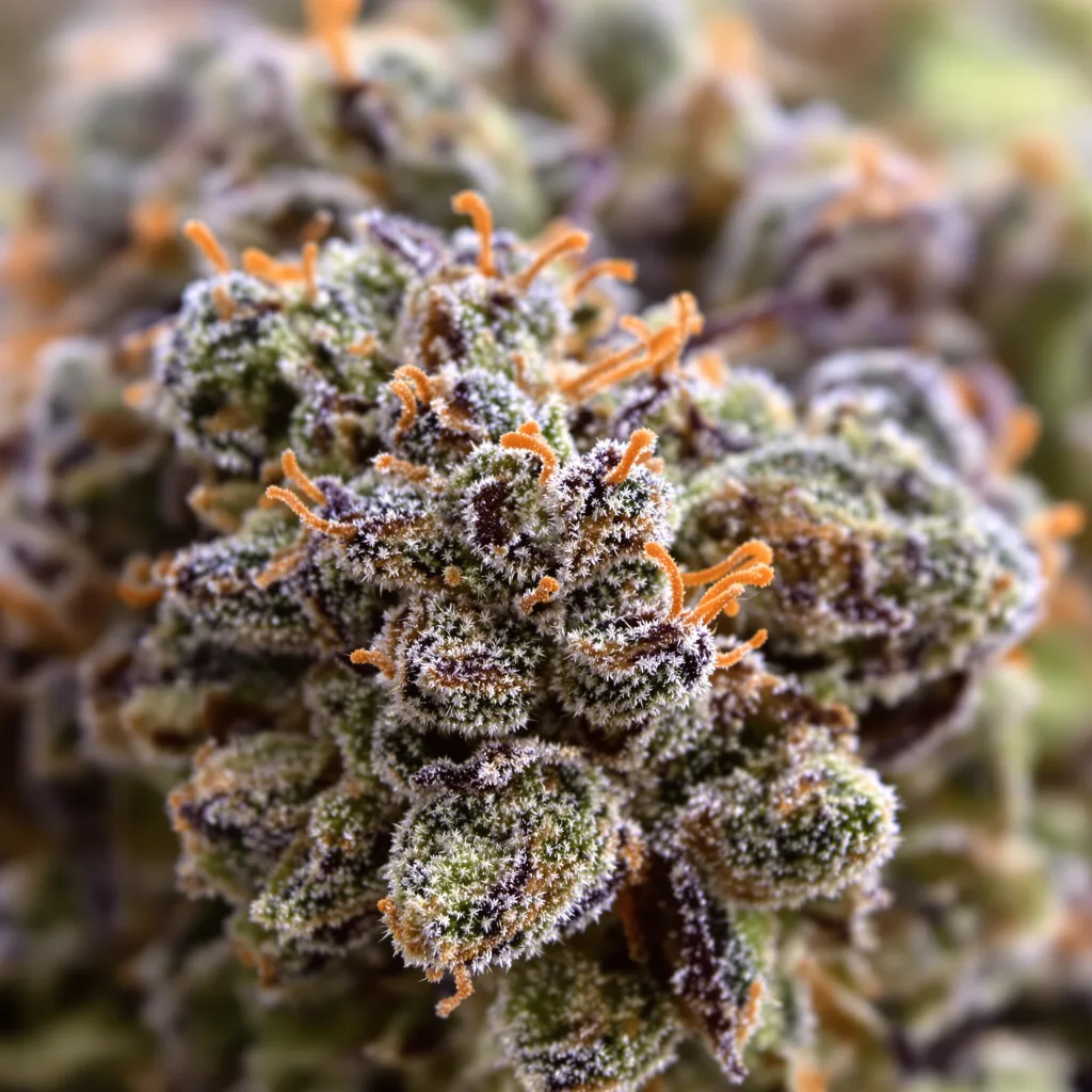 Purple Kush cannabis bud close-up showing dense purple-tinged calyxes