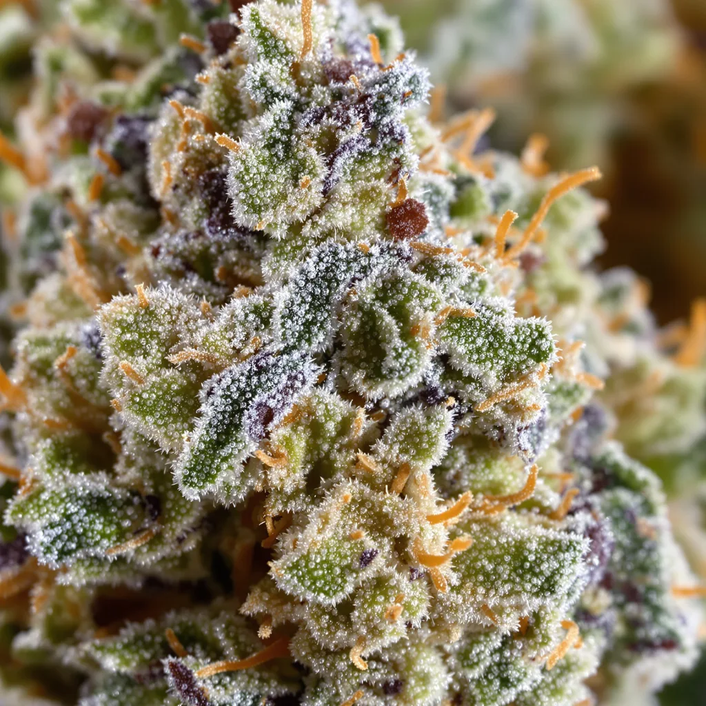 Purple Lemonade cannabis bud close-up showing balanced bud structure with frosted trichomes