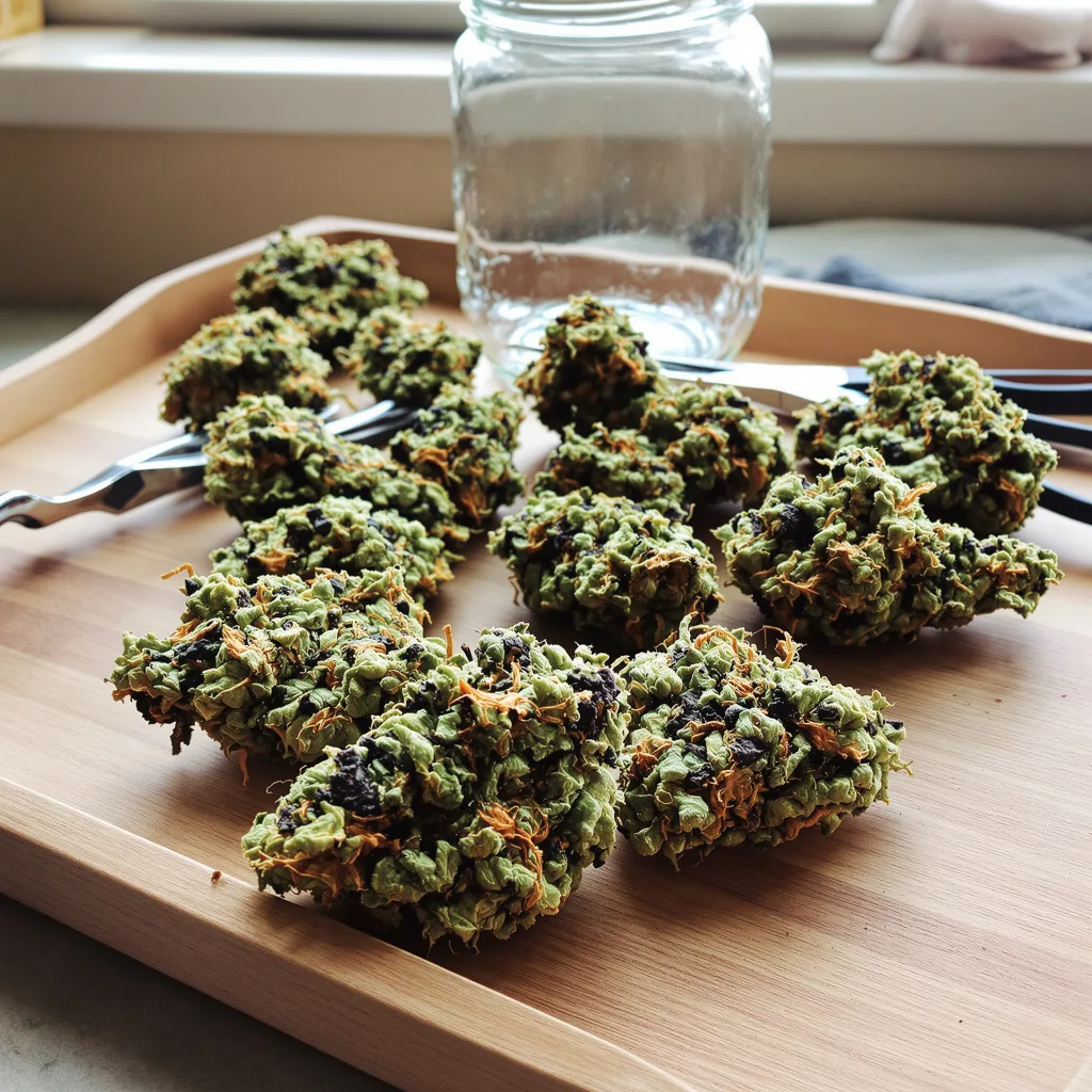 Purple Monkey Balls 68% indica / 32% sativa flower with visible trichomes