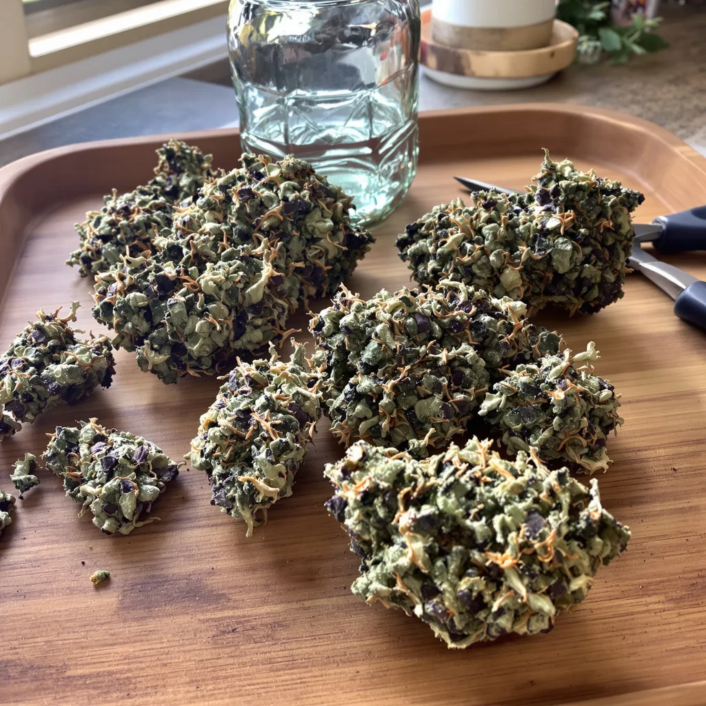 Purple Monkey Balls 68% indica / 32% sativa flower with visible trichomes