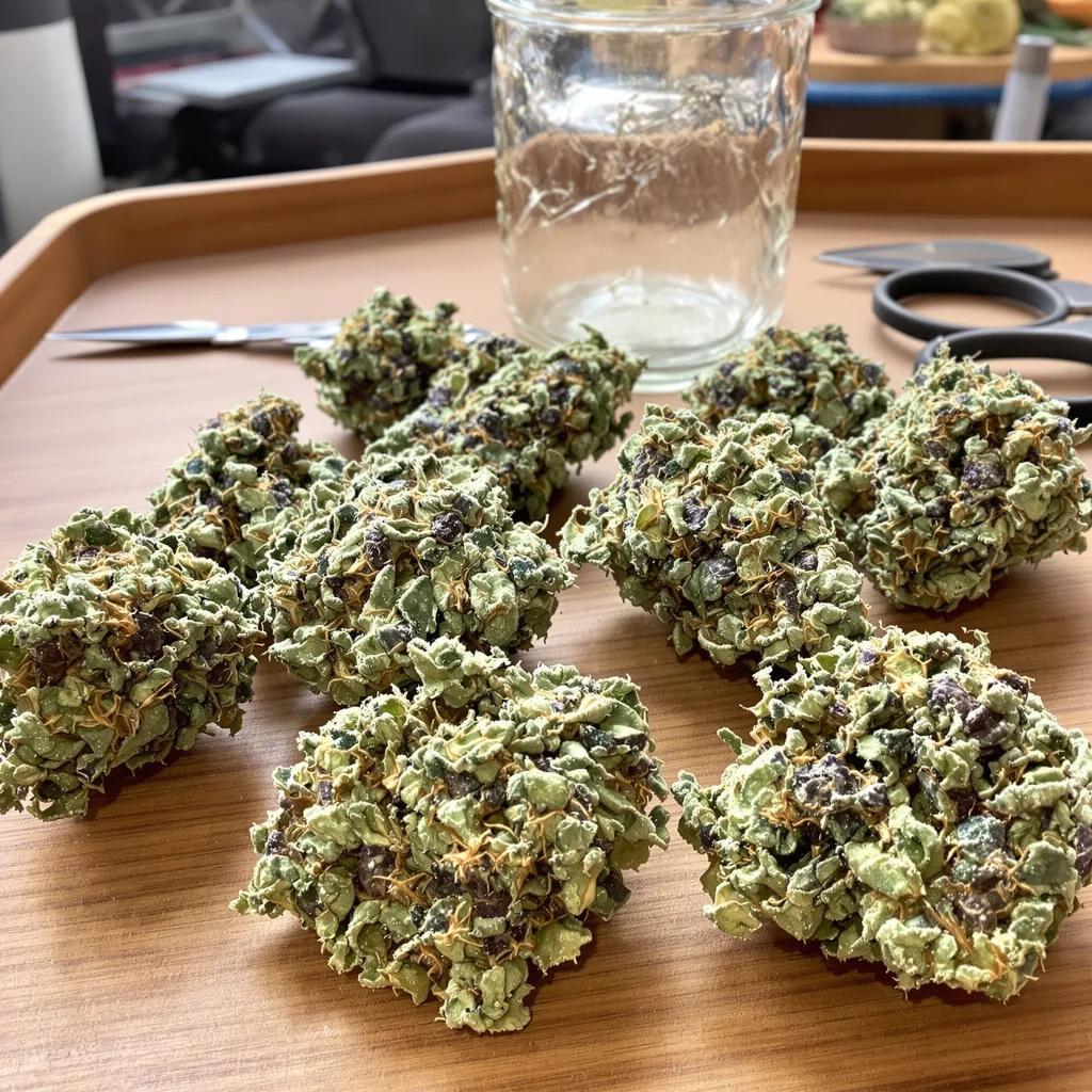 Purple Nepal Candy 39% indica / 61% sativa flower with visible trichomes