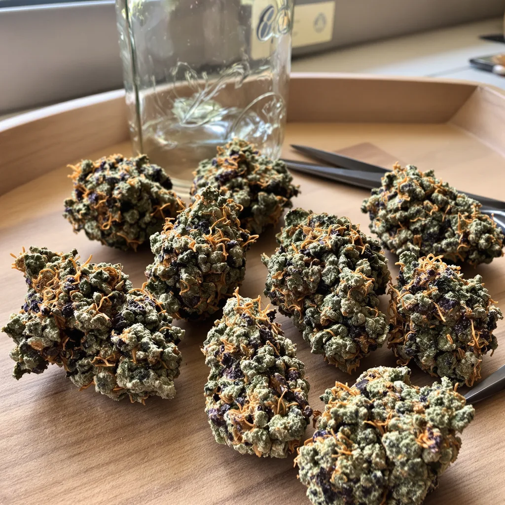 Purple Punch 70% indica / 30% sativa flower with visible trichomes