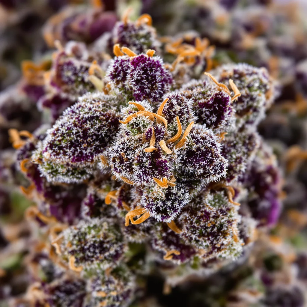 Purple Punch cannabis bud close-up showing dense purple-tinged calyxes