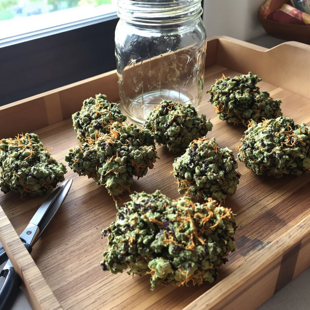 Purple Skunk 54% indica / 46% sativa flower with visible trichomes