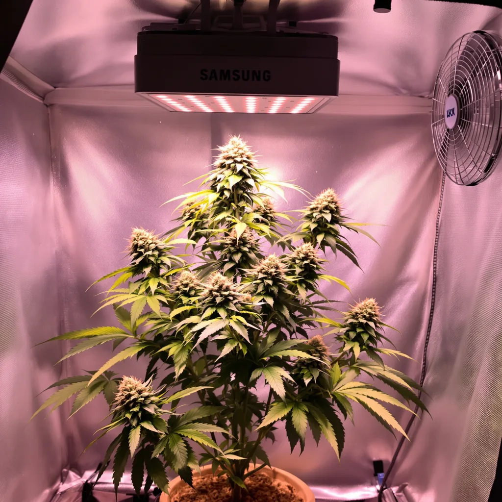 Purple Skunk 54% indica / 46% sativa flower with visible trichomes