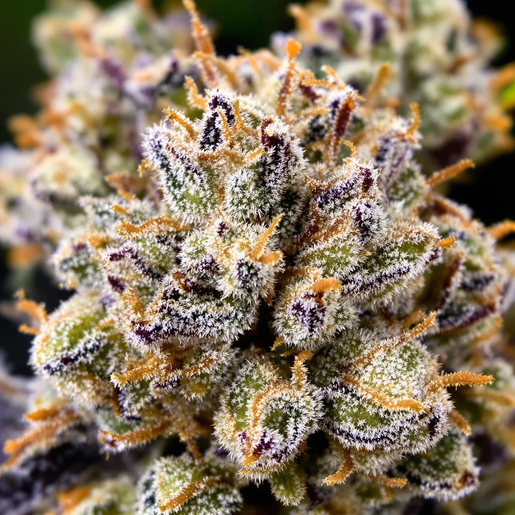 Purple Skunk cannabis bud close-up showing balanced bud structure with frosted trichomes