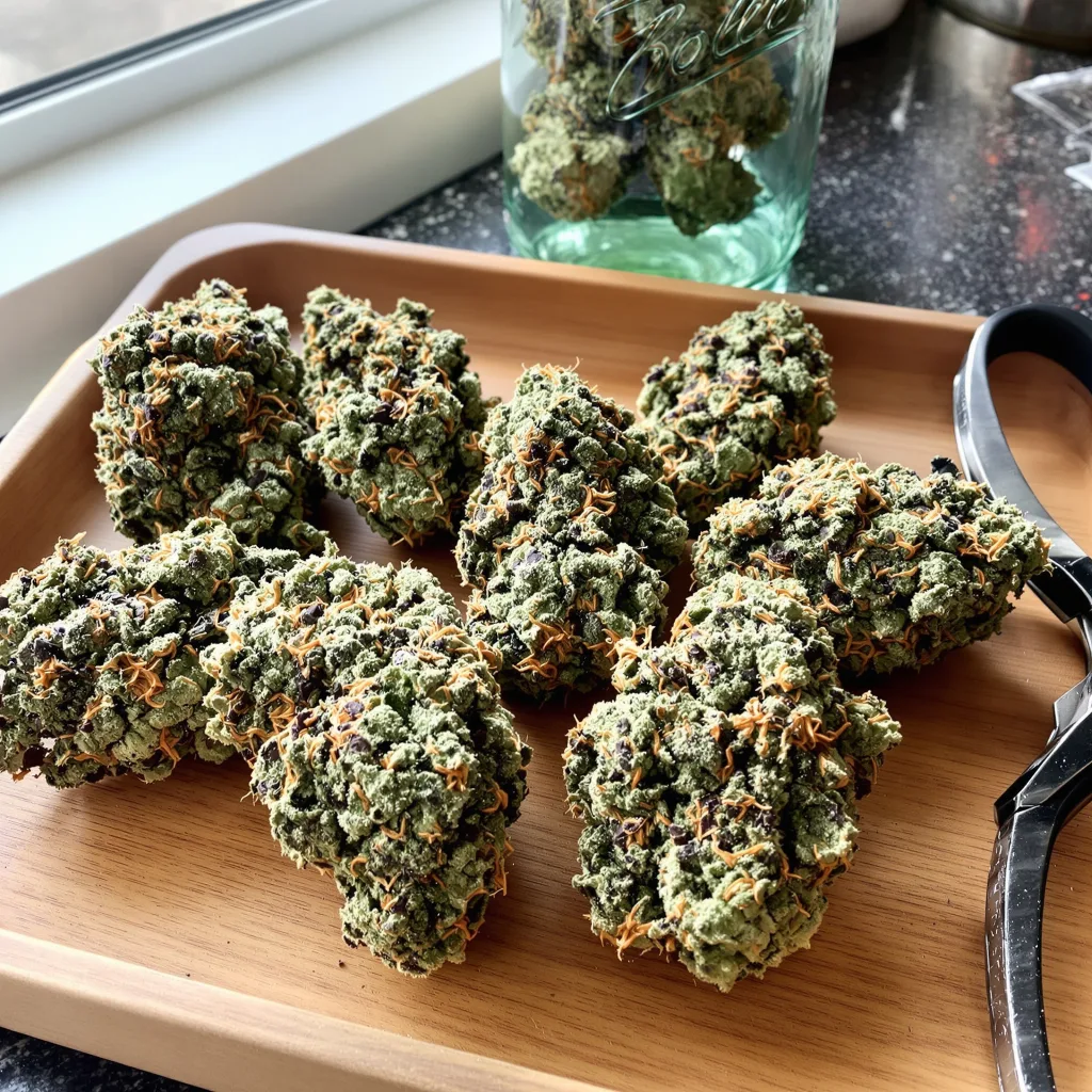 Purple Trainwreck 50% indica / 50% sativa flower with visible trichomes