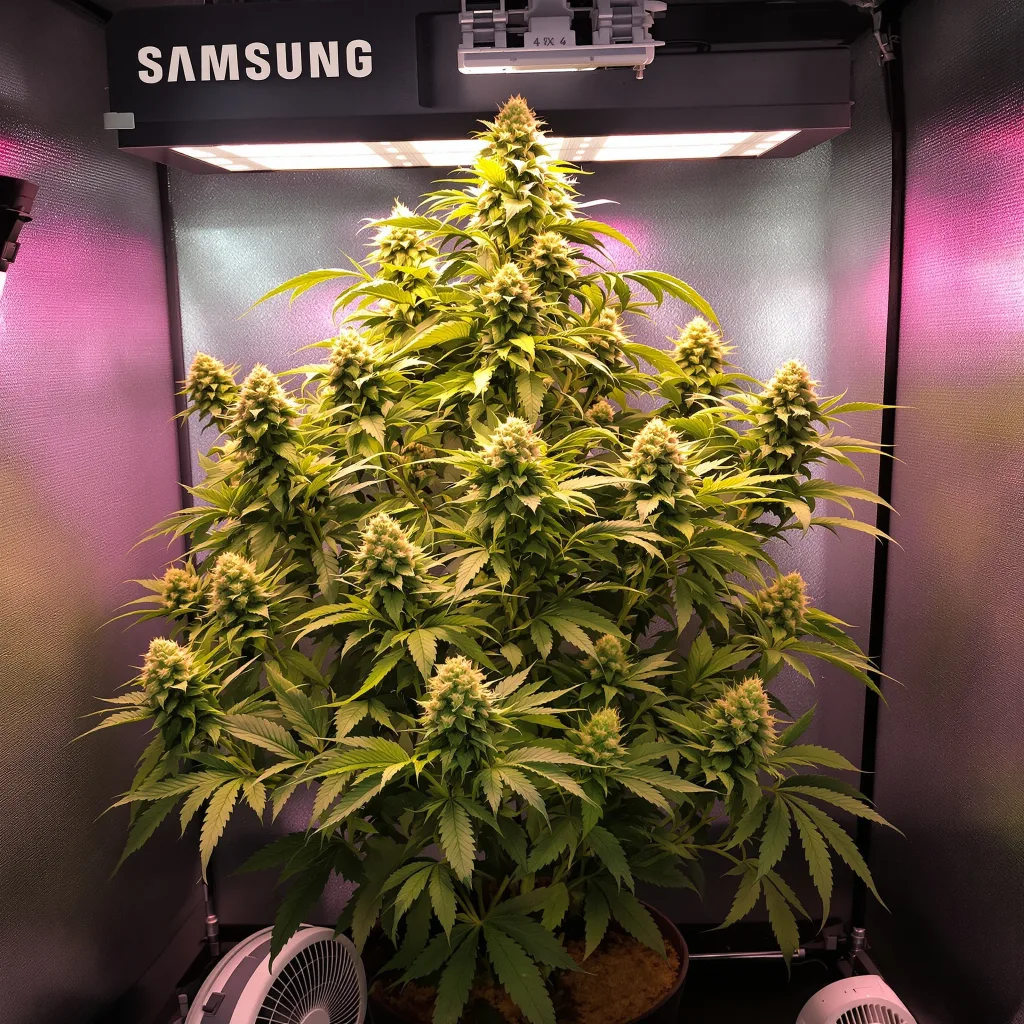 Purple Trainwreck 50% indica / 50% sativa flower with visible trichomes