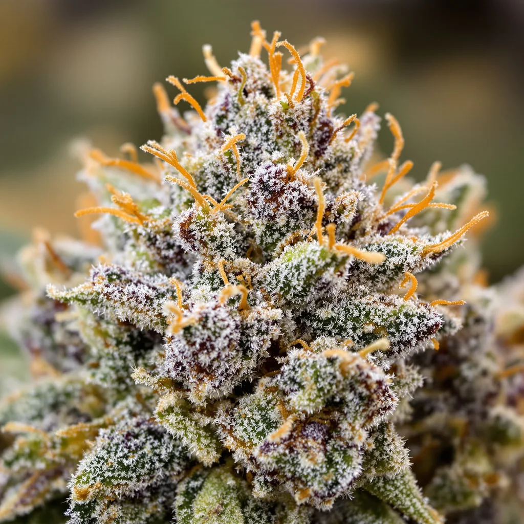 Purple Trainwreck cannabis bud close-up showing balanced bud structure with frosted trichomes